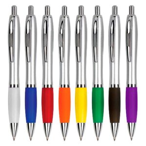 Bolígrafo cuerpo plástico plateado con goma color